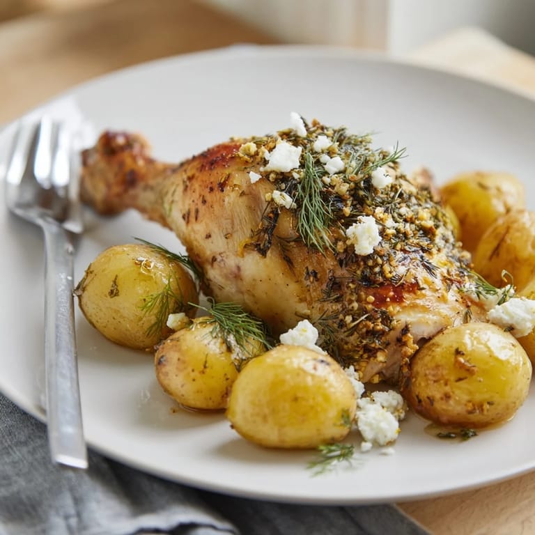 A vibrant Mediterranean dinner featuring Roasted Chicken with Pot Potatoes, Lemon Herbs, and Feta, ready to serve.