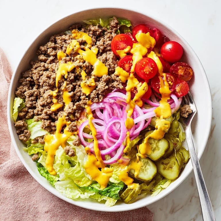 Una porción generosa de Easy Big Mac en un tazón con queso derretido y salsa especial.