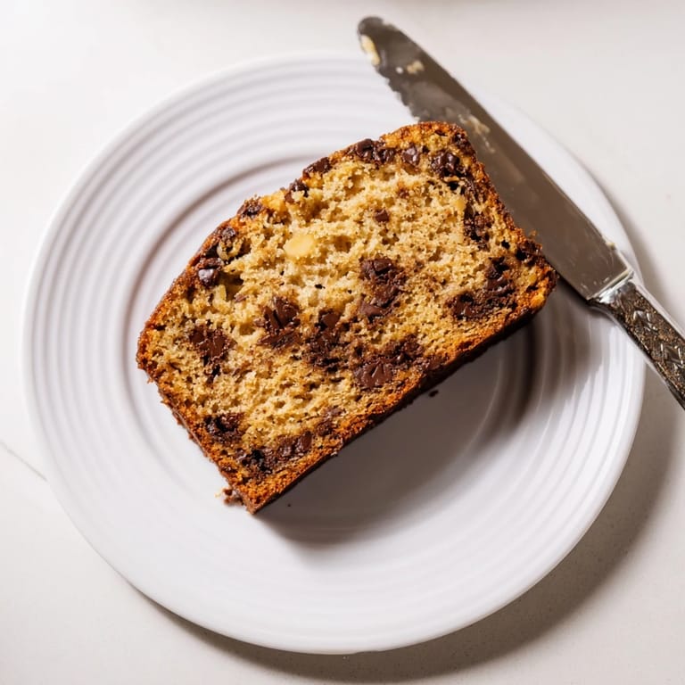 Pan de plátano avena mantequilla de maní y chips de chocolate con cuchillo listo para servir, miga suave y virutas de chocolate derretido.