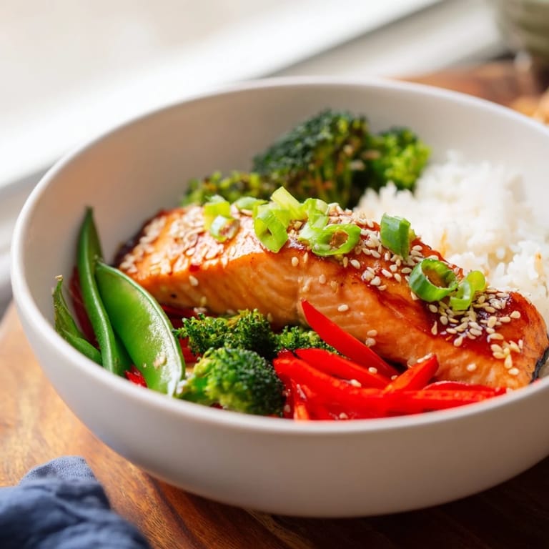 Sabor dulce y salado del Maple Soy Glazed Salmon sobre vegetales vibrantes.