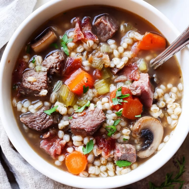 Cuchara de madera sumergida en una olla grande de Sopa de Res y Cebada con Champiñones, mostrando la textura del caldo rico y la carne desmenuzada.