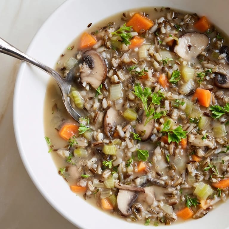 Artesanal sopa de arroz salvaje y champiñones servida en un tazón rústico con pan crujiente.
