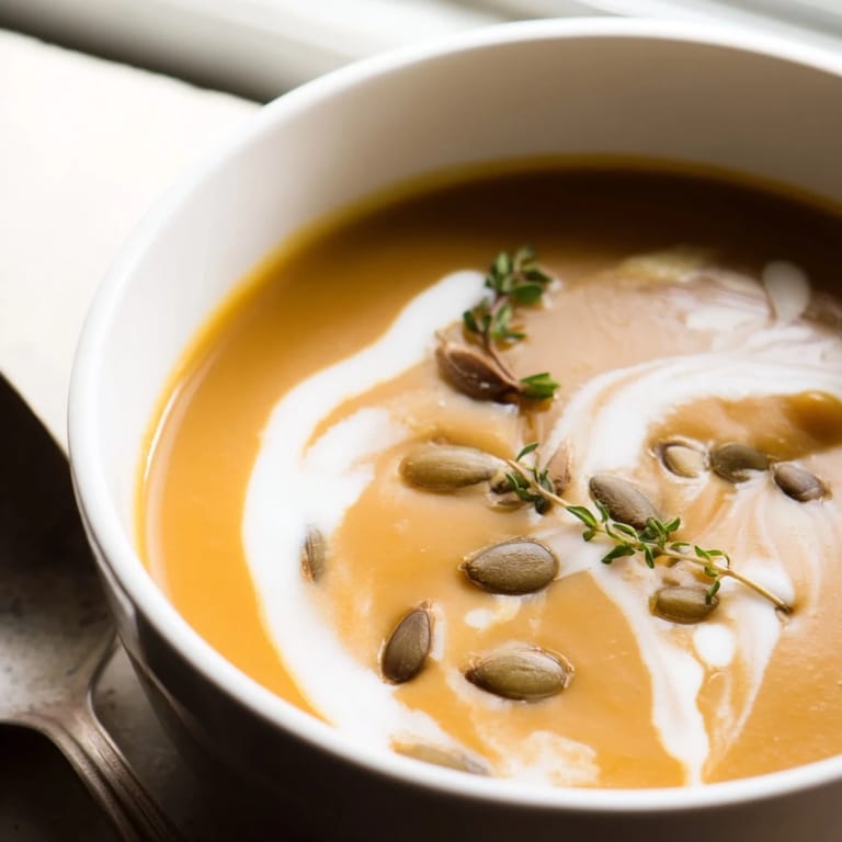 Sopa reconfortante de calabaza butternut asada con toque de crema y hojitas de tomillo fresco