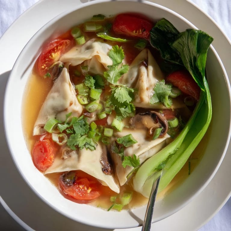 Steaming Tom Yum Wonton Soup in a ceramic bowl, showcasing tender wontons floating in aromatic Thai-inspired broth.
