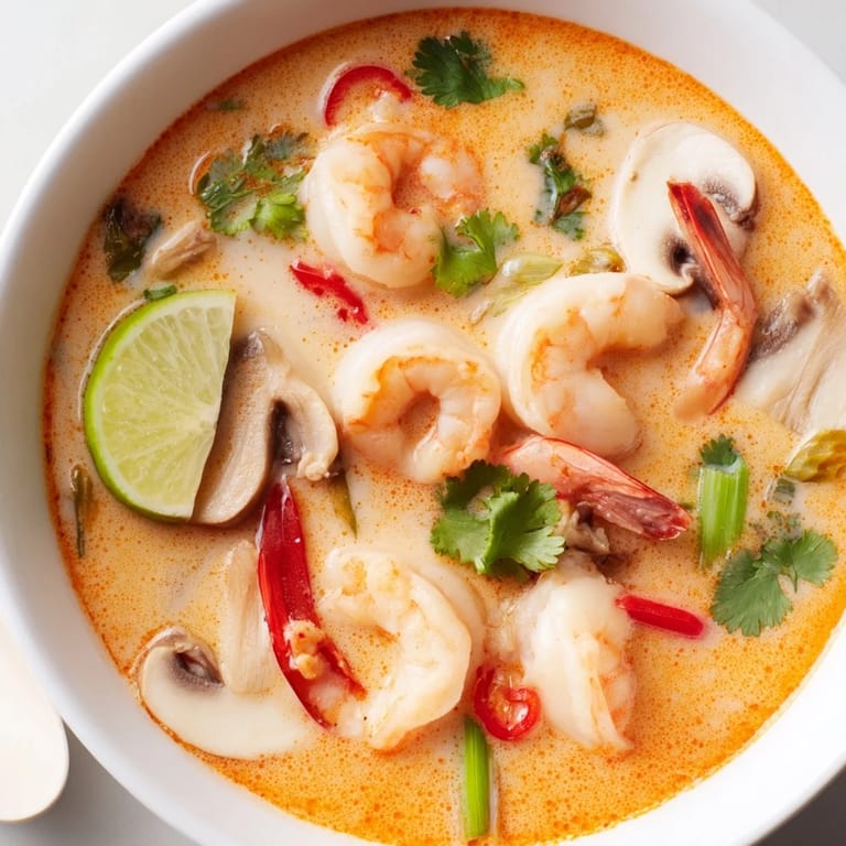 Thai Coconut Shrimp Soup brillante con leche de coco, camarones jugosos y rodajas de chile junto a cebollín.