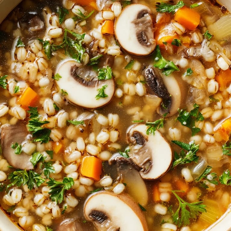 Un primer plano de la sopa de cebada con champiñones, destacando las rodajas de champiñones blancos y la cebada tierna.