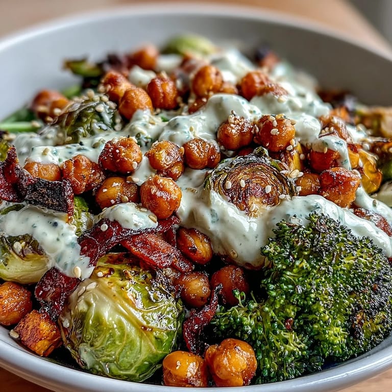 A close-up of Roasted Veggie & Chickpea Bowls, featuring caramelized vegetables and golden chickpeas glistening with the savory-sweet tahini sauce.  