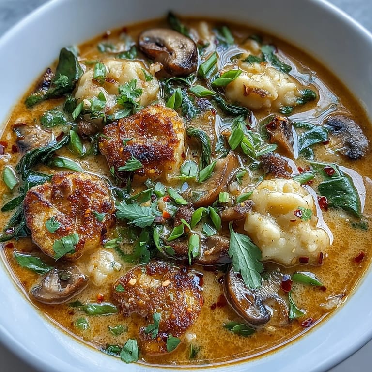 Disfruta esta Quick Coconut Curry Soup with Dumplings casera, con un toque de aceite de chile y cilantro fresco.