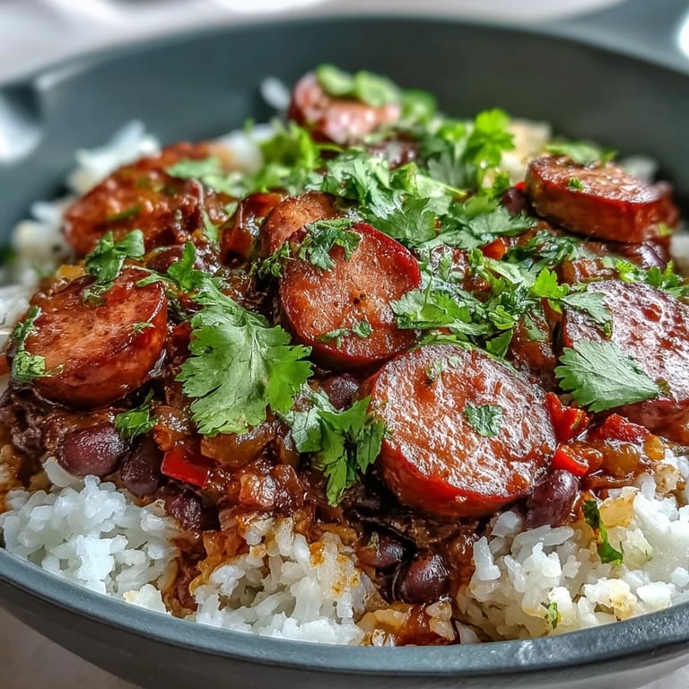 Hearty Black Beans, Sausage, and Rice Skillet with tender beans, fluffy rice, and rich tomato sauce in a rustic skillet.  