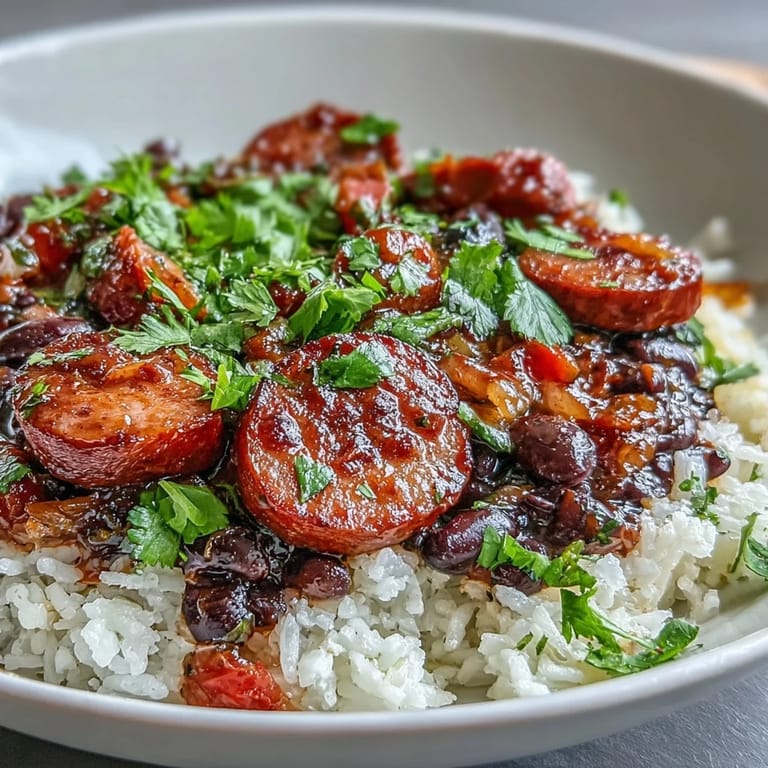 One-pan Black Beans, Sausage, and Rice Skillet topped with fresh cilantro, ready for a busy weeknight family dinner.