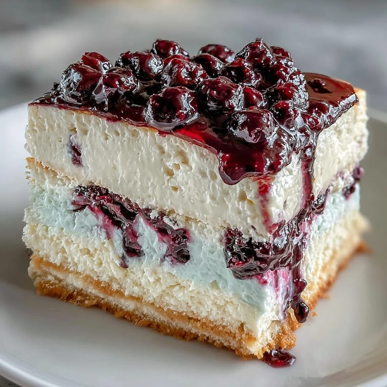 Porción de pastel de mousse de limón con arándanos servida sobre un plato azul para postre.