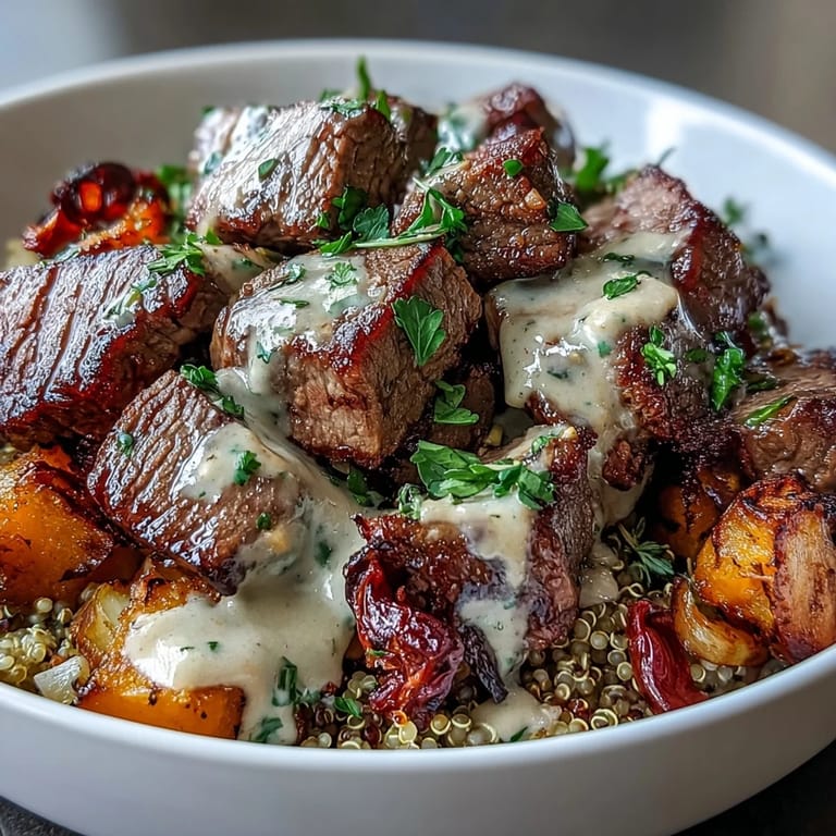 Este bol nutritivo de Savory Butternut Squash & Garlic Herb Steak combina carne tierna, calabaza dulce y quinoa esponjosa para una cena completa.