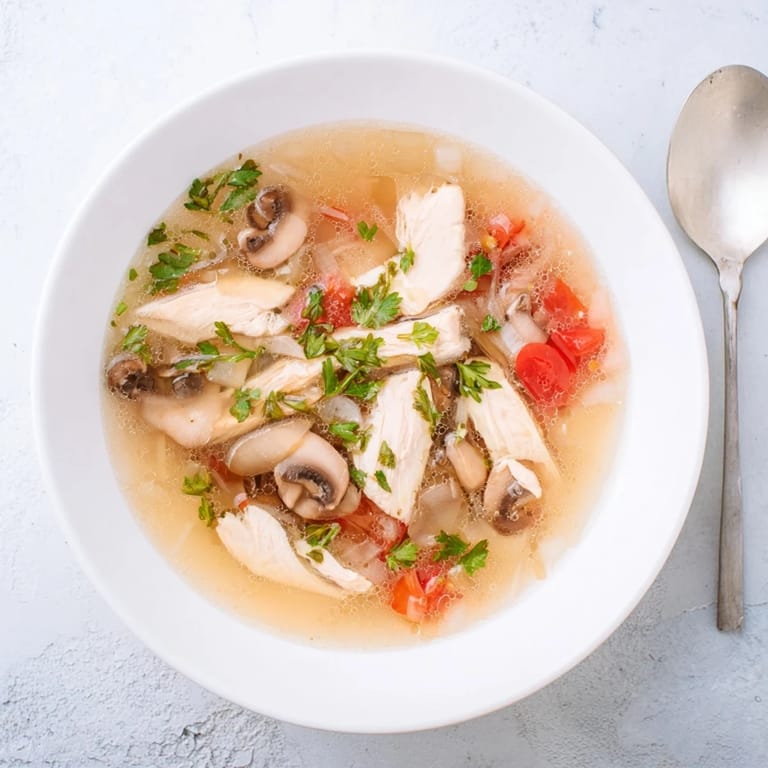 Colorful serving of Tom Yum Gai, showcasing vibrant red tomatoes and earthy mushrooms in the fragrant broth.