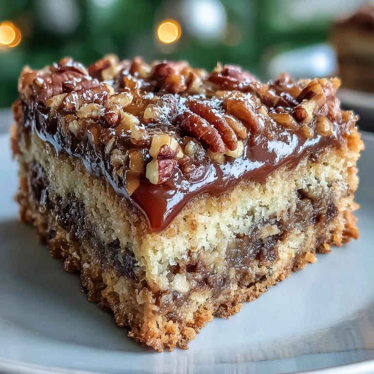Una rebanada de Christmas Toffee Crunch Cake cubierta con glaseado de caramelo y virutas de toffee sobre un plato de cerámica.