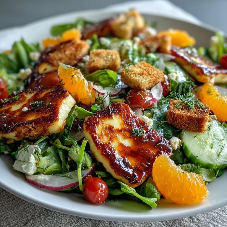 Ensalada Fattoush vibrante con halloumi crujiente, naranja sanguina dulce y aderezo zesty.