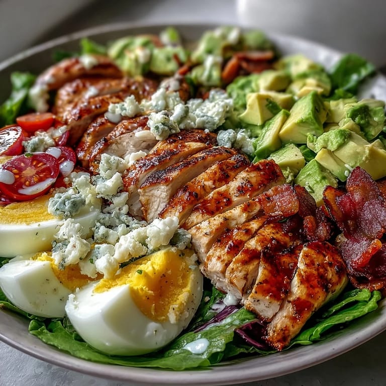 Sabroso Cobb Salad Bowl: pollo, tocino, huevo y queso azul sobre lechugas.