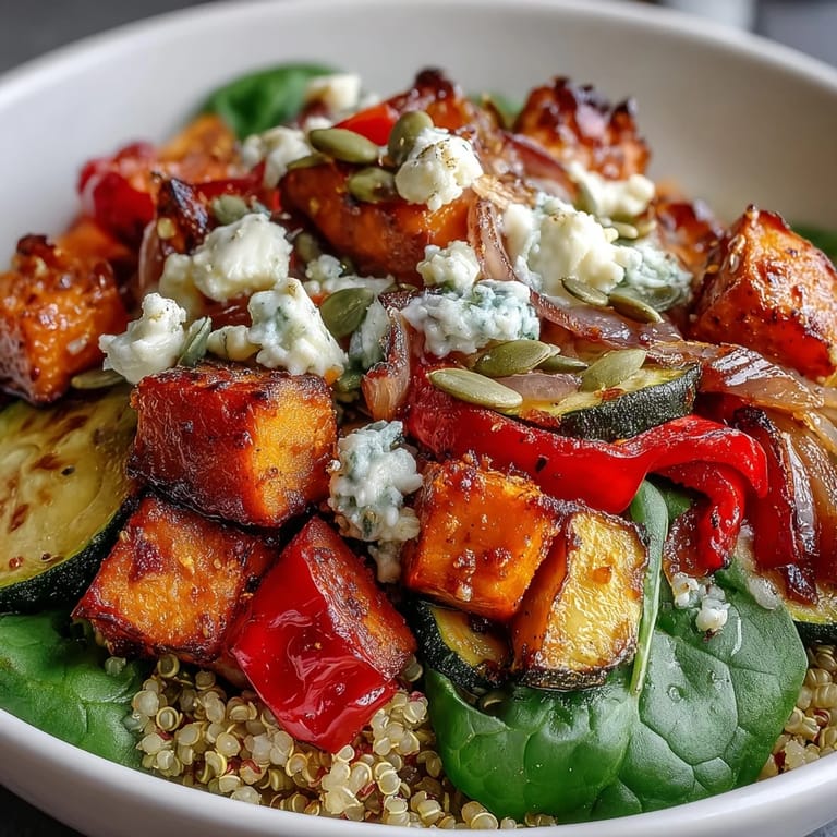 Delicioso bowl de ensalada tibia con quinoa, verduras asadas y espinacas, perfecto para una cena saludable.