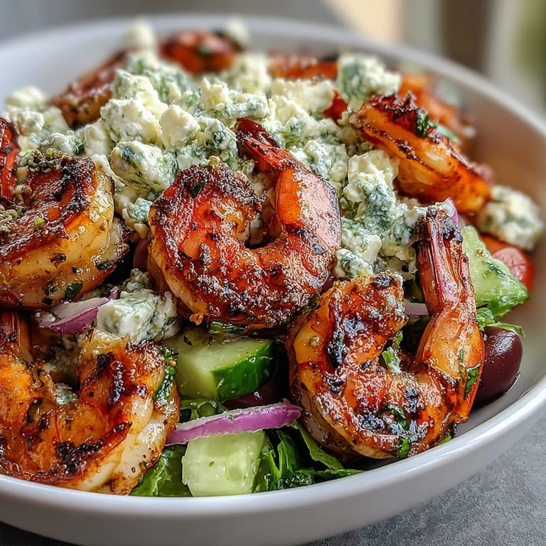 Disfruta de un tazón griego de camarones fresco, repleto de sabores brillantes y texturas crujientes.
