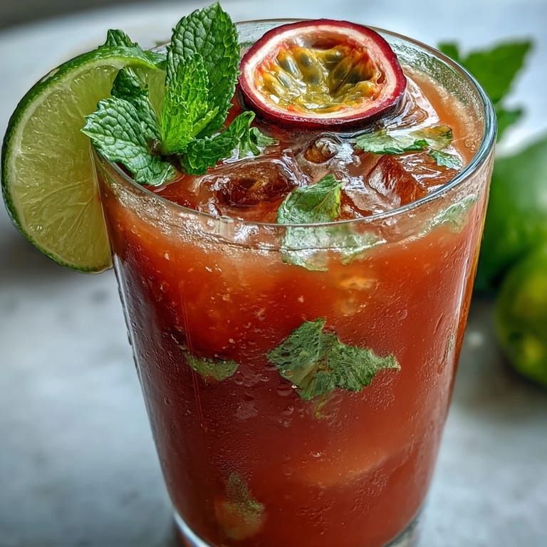 Textura cremosa del DIY Iced Guava Passionfruit Drink, con trozos de piña y una rodaja de limón en el borde.