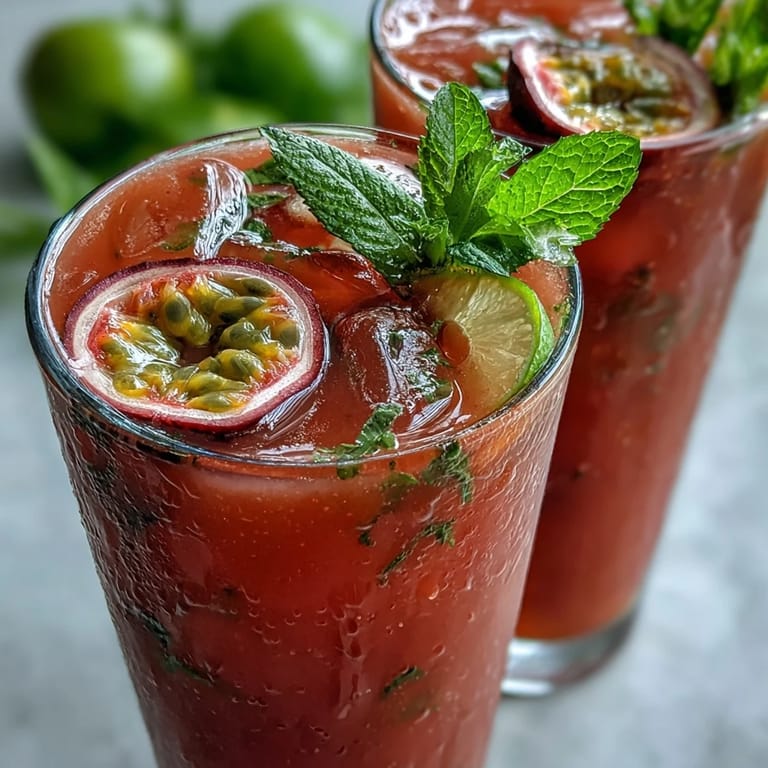 Fresca bebida tropical DIY Iced Guava Passionfruit Drink, servida en vaso alto con pajita y menta, ideal para el verano.