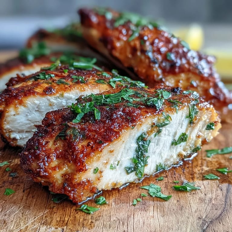 Freshly baked oven baked chicken breast seasoned with paprika, resting on a baking sheet with herbs.