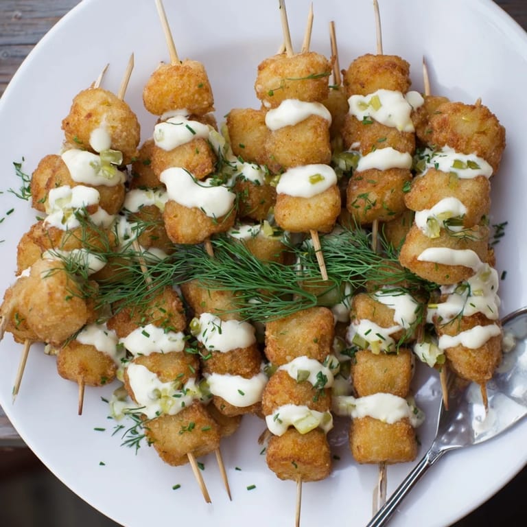 Golden-brown Patatas Pops drizzled with tangy pickle aioli, perfect for gatherings.  