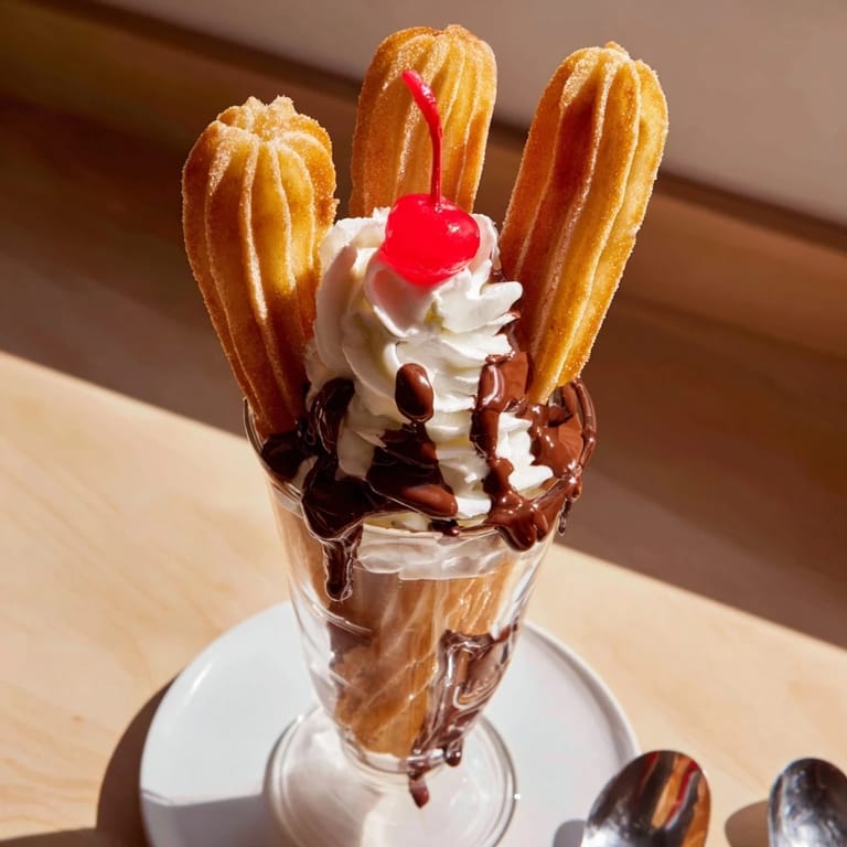 Decadent churro ice cream float served in a tall glass with chocolate sauce.  
