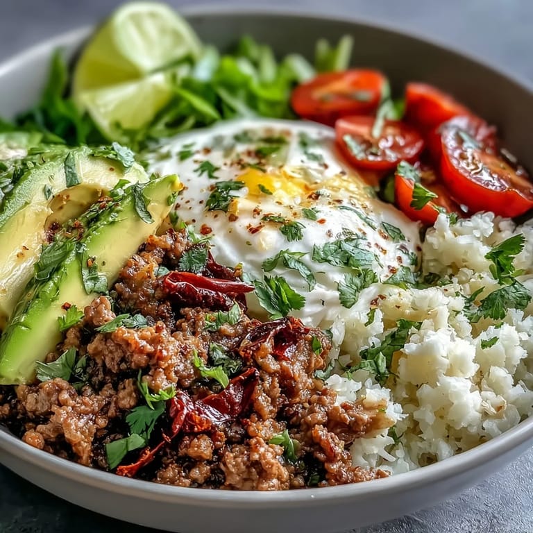 Sabrosa carne de res dorada con especias sobre arroz de coliflor, coronada con aguacate, tomate y cilantro fresco.