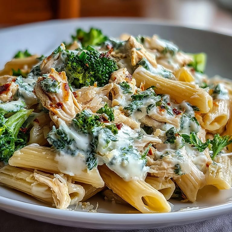 A close-up look at this high protein rotisserie chicken broccoli pasta, featuring steam rising from the skillet and fresh parsley garnish.