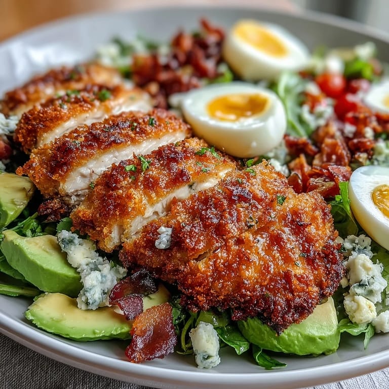 Crunchy Parmesan Crusted Chicken slices layered over a classic Cobb salad with hard-boiled eggs and blue cheese.