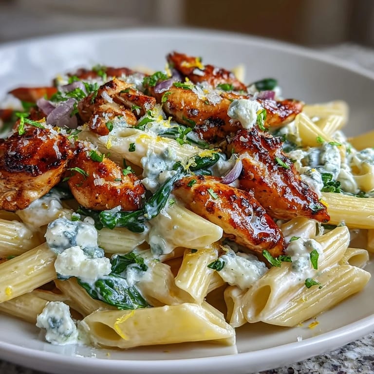 Salsa cremosa de yogur y feta sobre pasta y pollo, con brillantez de limón y un toque de orégano en el sartén.