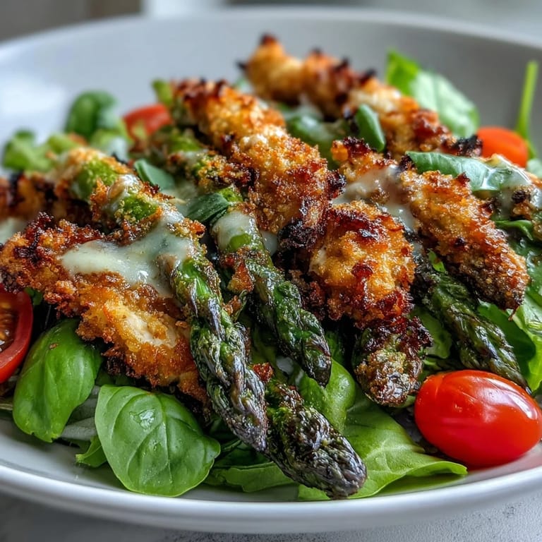 Ensalada Crispy Parmesan Asparagus Chicken Salad con asparagus empanizado dorado, cebolla roja en juliana y albahaca fresca sobre verdes mixtos.