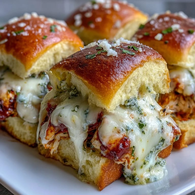 Pesto Chicken Parmesan Sliders served warm, drizzled with marinara and extra Parmesan for a game day appetizer spread.