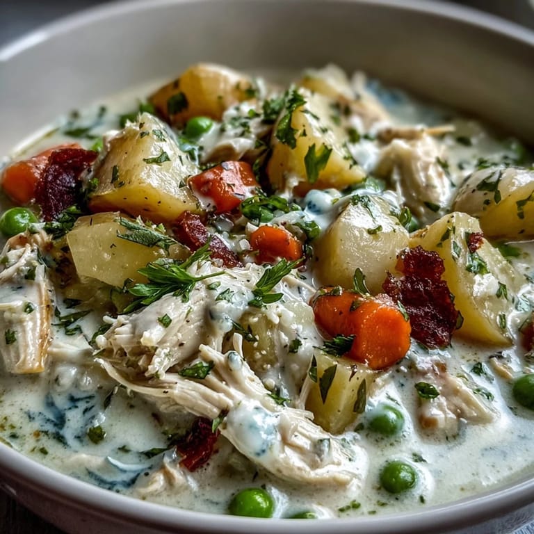 Deliciosa Creamy Chicken Pot Pie Soup con textura cremosa, trozos de papa y apio, coronada con perejil picado.