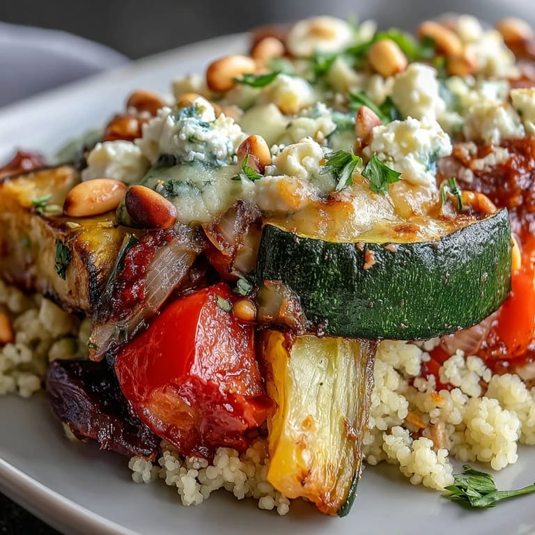 Hearty vegetarian Roasted Veggie & Feta Couscous Bake served warm in a dish, perfect for a healthy dinner.