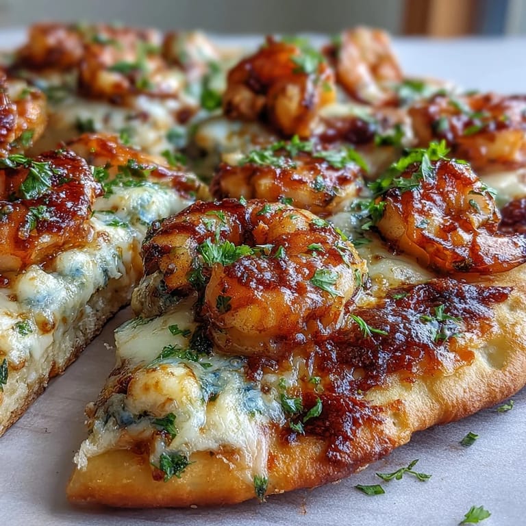 Sizzling garlic shrimp and melted cheese on warm naan bread for a quick Garlic Butter Shrimp Naan Pizzas meal.