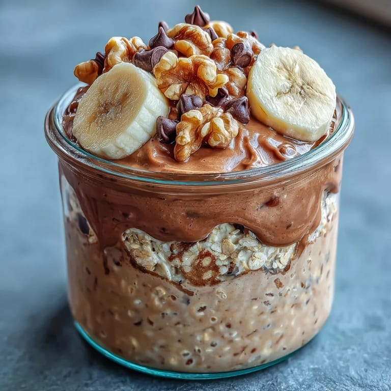 Desayuno nutritivo de Chunky Monkey Protein Overnight Oats con cacao, yogur griego y chorritos de mantequilla de cacahuate.