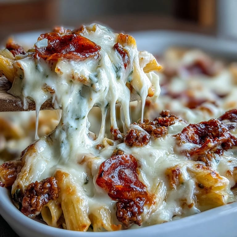 Delicioso High-Protein Pizza Pasta Bake recién horneado en un plato blanco, lista para servir con ensalada verde al lado.