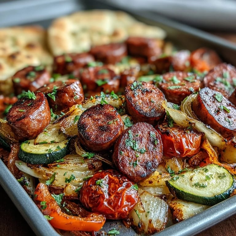 Sabroso Smoky Sheet Pan Sausage & Veggies con Naan y guarnición de limón, sobre una mesa iluminada para cuatro porciones.
