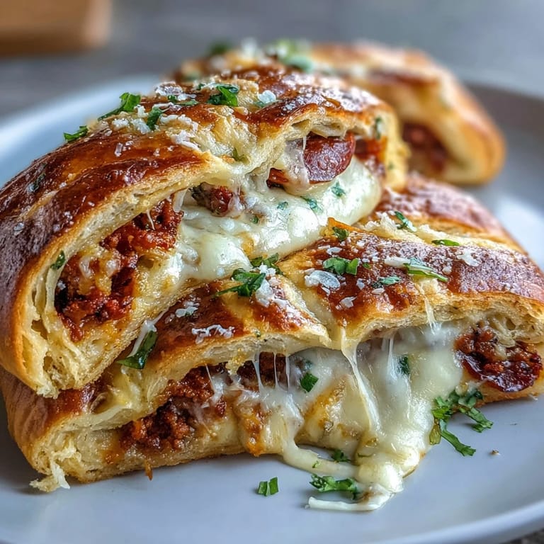 Exquisito Baked High-Protein Pepperoni Stromboli cortado en rebanadas, sobre tabla de madera con salsa para dipear