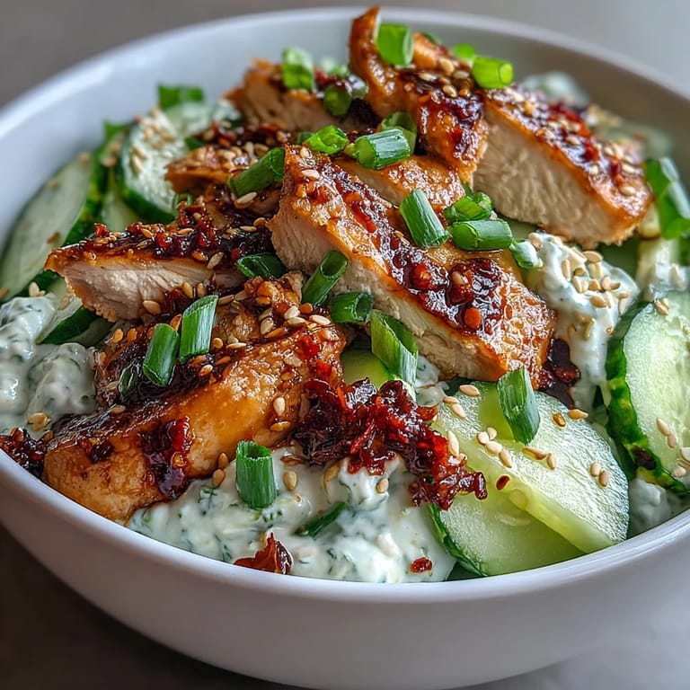 TikTok Chili-Crisp Cucumber Chicken Bowls servidos sobre arroz vaporoso con cilantro fresco y cebollín picado