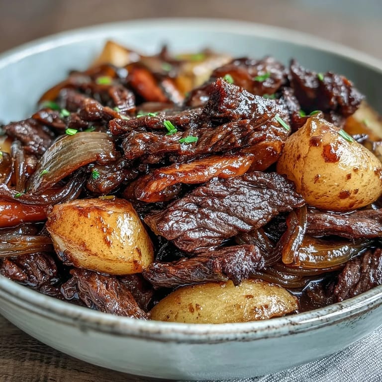Una olla humeante de Japanese Nikujaga con verduras cocidas y jugos sabrosos, perfecta acompañar con arroz blanco y sake frío.