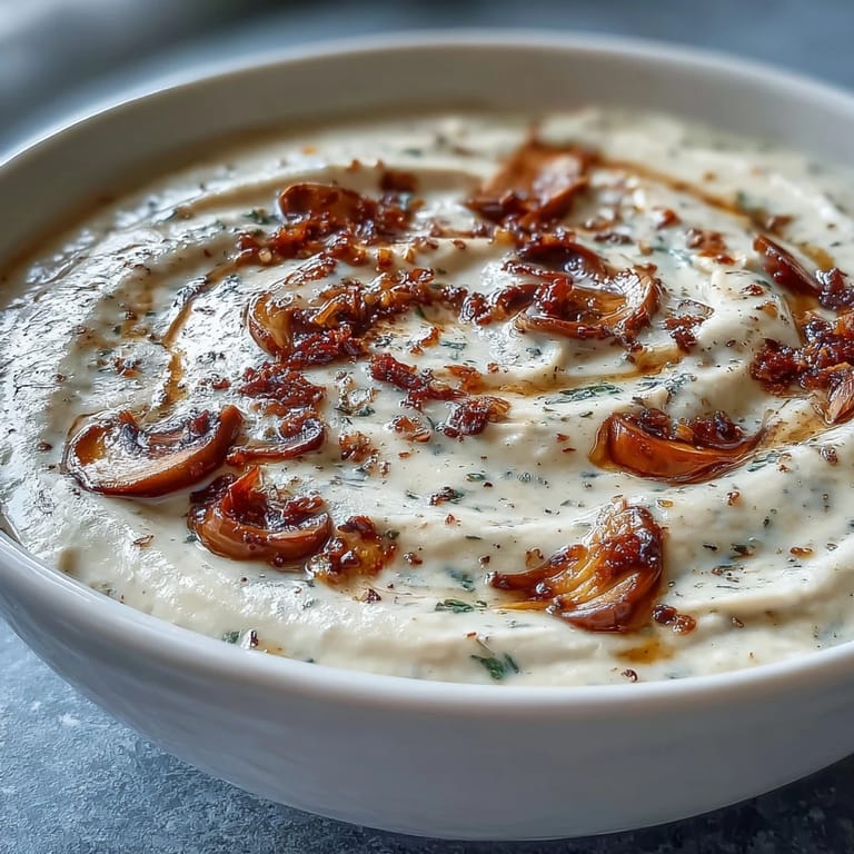 Velvety Creamy Mushroom & Cardamom Soup in a white bowl, garnished with herbs beside crusty bread