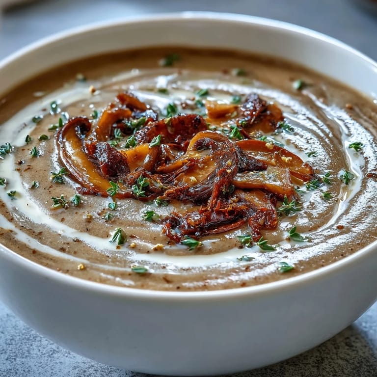 Aromatic Creamy Mushroom & Cardamom Soup blended smooth, with sautéed mushrooms visible and a cream drizzle on top