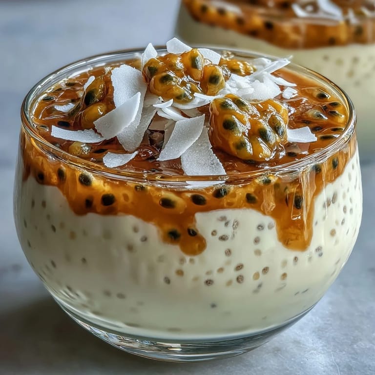 Deliciosa Passionfruit Chia Pudding sirviéndose en cuencos individuales, con un chorrito de puré de maracuyá y hojas de menta fresca.