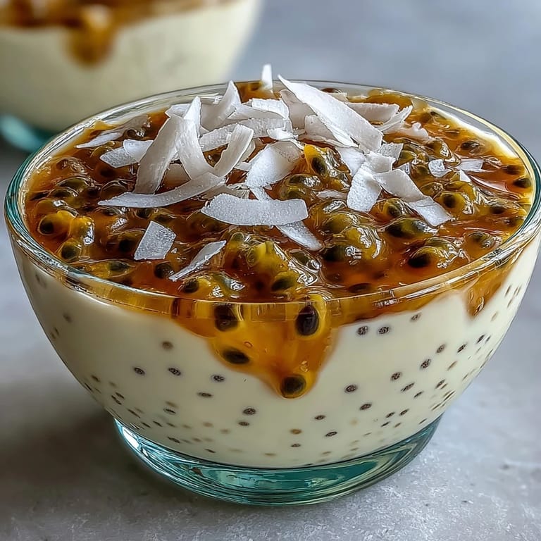Visión de cerca de la Passionfruit Chia Pudding, mostrando la textura cremosa de las semillas de chía con coco y puré de maracuyá.
