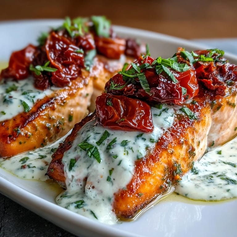 Pareja de filetes de Marry Me Salmon bañados en salsa cremosa, servidos sobre arroz blanco.