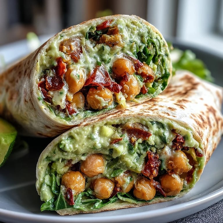 Overhead view of a Spicy Chickpea and Avocado Wrap on a plate with lime wedges and cilantro, ready for lunch.