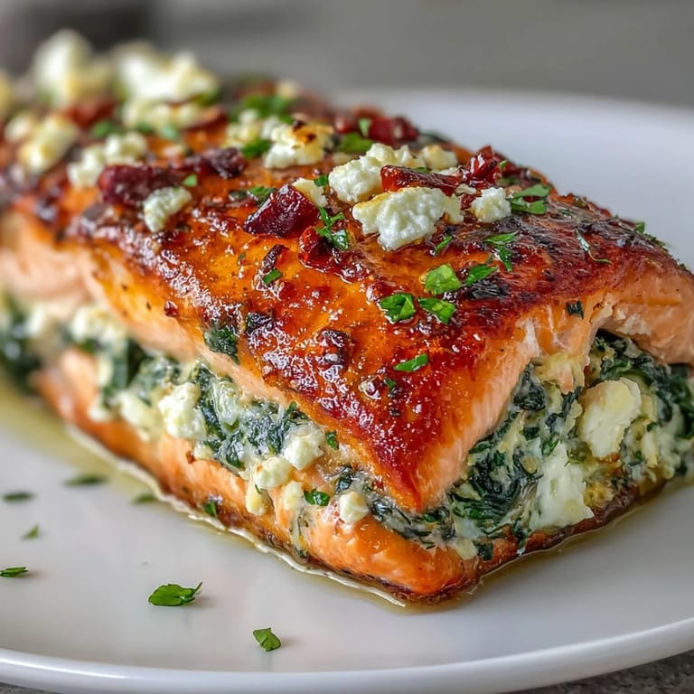 Fork-tender Simple Baked Stuffed Salmon with Spinach and Feta served with a crisp green salad for dinner.