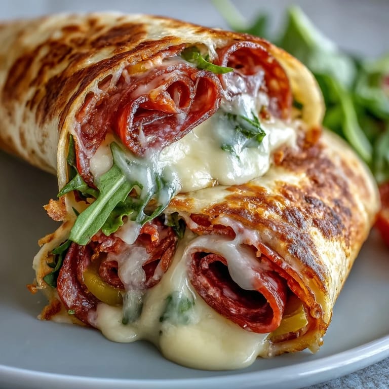 Un wrap dorado y crujiente de Low-Carb Italian Sub Wrap con capas de carnes especiadas y queso fundido, acompañado de pepinillos y aderezo.